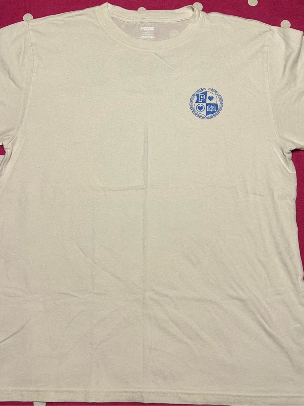 PINK Victoria's Secret White Short Sleeve Tee with Blue Crest Graphic